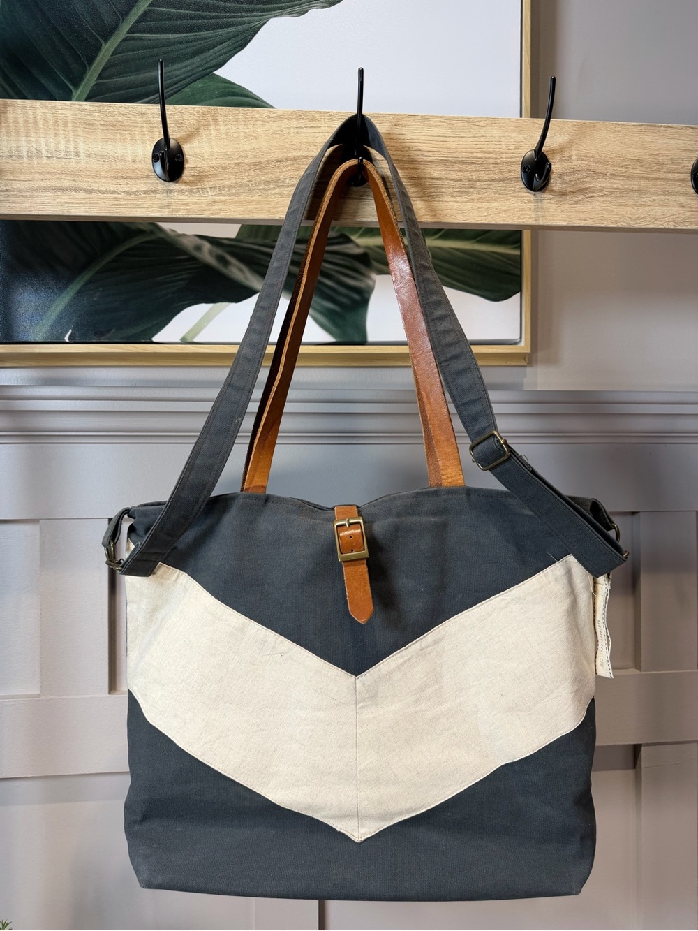 100% Cotton Canvas Chevron Tote Bag with Leather Trim - Grey & Cream By BagyBags